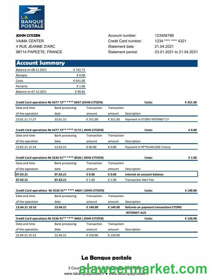 France La Banque Postale bank statement easy to fill template in .xls and .pdf file format